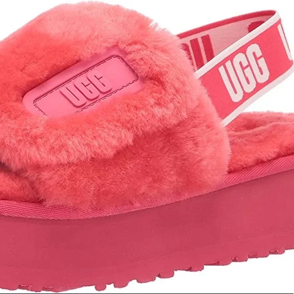 UGG Disco Slides Sandals Pink Cloud Sheepskin Fluff Fur Slingback Strap Logo - Picture 3 of 15